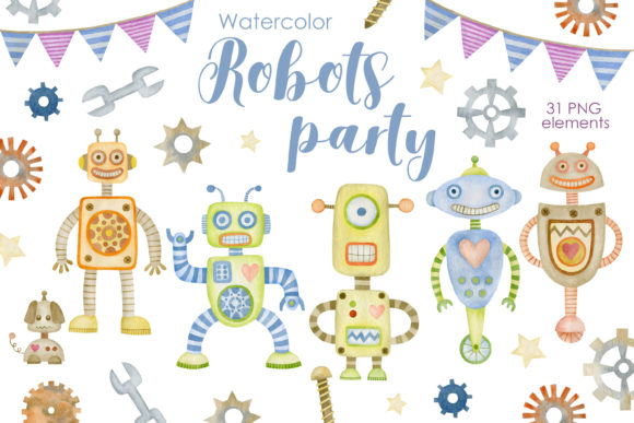Watercolor Robots Clipart